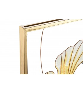 CUADRO TRIPTICO GiNKGO BILOBA METAL DORADO CRISTAL ROSA Y DORADO