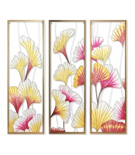 CUADRO TRIPTICO GiNKGO BILOBA METAL DORADO CRISTAL ROSA Y DORADO