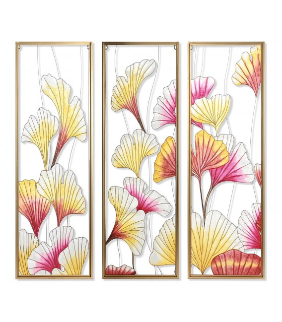 CUADRO TRIPTICO GiNKGO BILOBA METAL DORADO CRISTAL ROSA Y DORADO