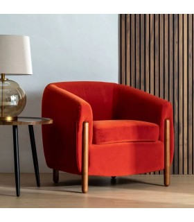 SILLON PEQUEÑO POLEA TAPIZADO TERCIOPELO TEJA MADERA A VISTA