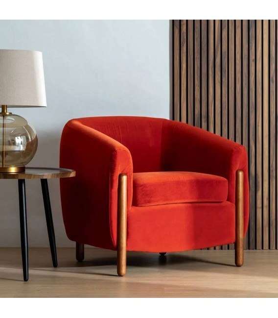 SILLON PEQUEÑO POLEA TAPIZADO TERCIOPELO TEJA MADERA A VISTA