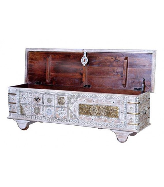 BAUL GRANDE MADERA MANGO BLANQUEADA Y BRONCE MDMHOGAR