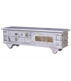 BAUL GRANDE MADERA MANGO BLANQUEADA Y BRONCE MDMHOGAR