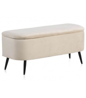 BANCO PIE DE CAMA CON ARCÓN TAPIZADO TERCIOPELO BEIGE METAL NEGRO