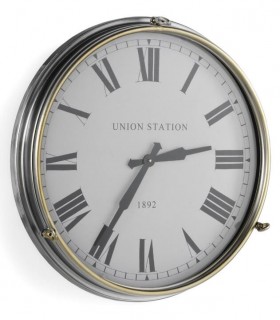 RELOJ DE PARED REDONDO GRANDE METAL NEGRO Y DORADO Y CRISTAL