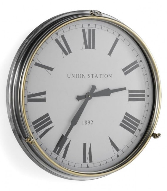 RELOJ DE PARED REDONDO GRANDE METAL NEGRO Y DORADO Y CRISTAL