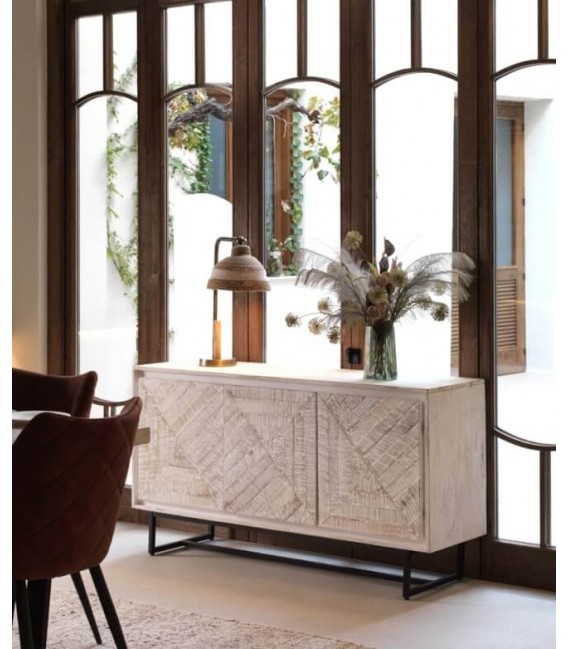 APARADOR 140 X 40 X 76 LINO MADERA PATINADA BLANCO METAL NEGRO