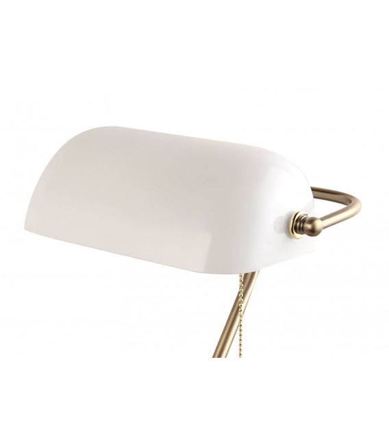 LAMPARA SOBREMESA BANQUERO METAL ORO VIEJO CRISTAL BLANCO