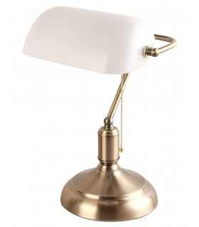 LAMPARA SOBREMESA BANQUERO METAL ORO VIEJO CRISTAL BLANCO