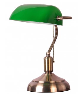 LAMPARA SOBREMESA BANQUERO METAL ORO VIEJO CRISTAL VERDE