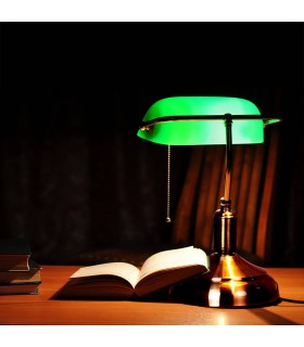 LAMPARA SOBREMESA BANQUERO METAL ORO VIEJO CRISTAL VERDE