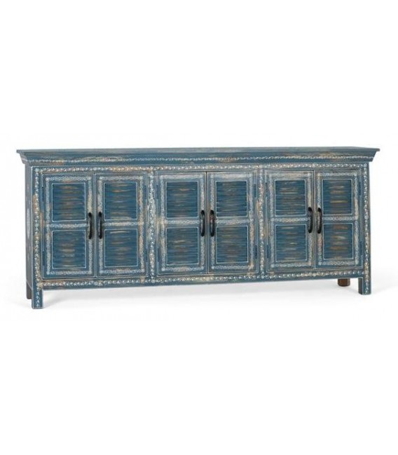 APARADOR MADERA DE MANGO DECAPADA EN AZUL DECORADA A MANO