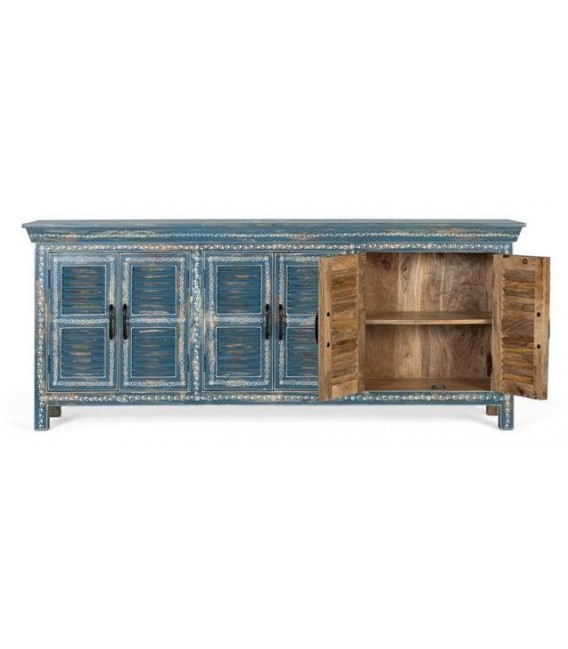 APARADOR MADERA DE MANGO DECAPADA EN AZUL DECORADA A MANO