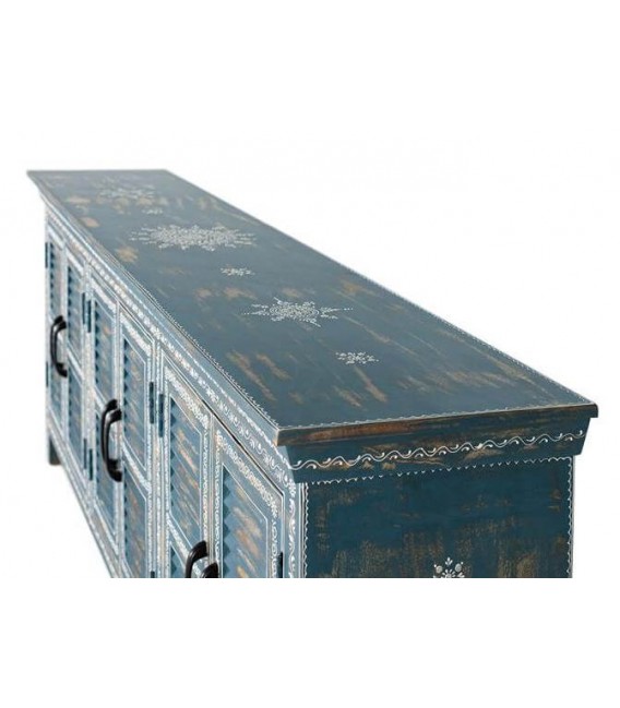 APARADOR MADERA DE MANGO DECAPADA EN AZUL DECORADA A MANO