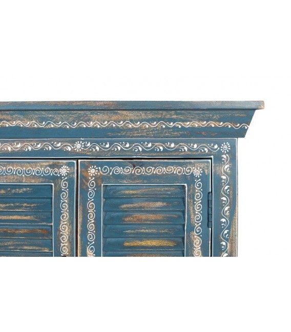 APARADOR MADERA DE MANGO DECAPADA EN AZUL DECORADA A MANO