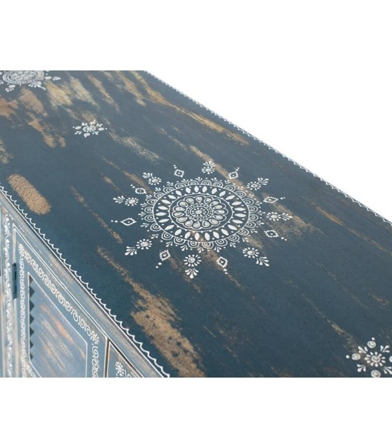 APARADOR MADERA DE MANGO DECAPADA EN AZUL DECORADA A MANO