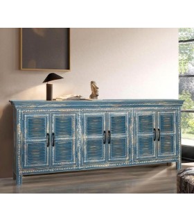 APARADOR MADERA DE MANGO DECAPADA EN AZUL DECORADA A MANO