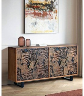 APARADOR GRANDE 4 PUERTAS  MADERA ACACIA TALLADA NATURAL Y NEGRO