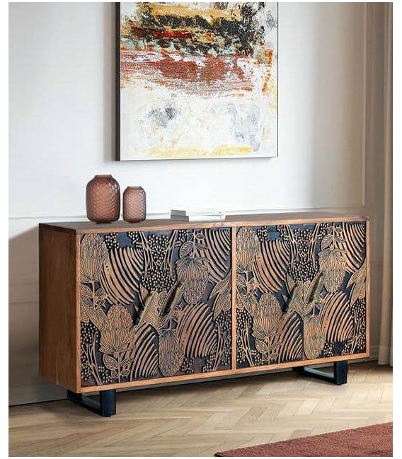 APARADOR GRANDE 4 PUERTAS  MADERA ACACIA TALLADA NATURAL Y NEGRO