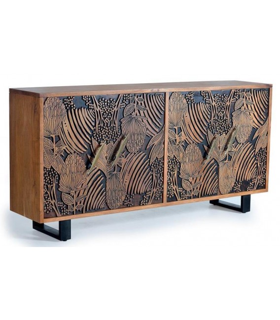 APARADOR GRANDE 4 PUERTAS  MADERA ACACIA TALLADA NATURAL Y NEGRO