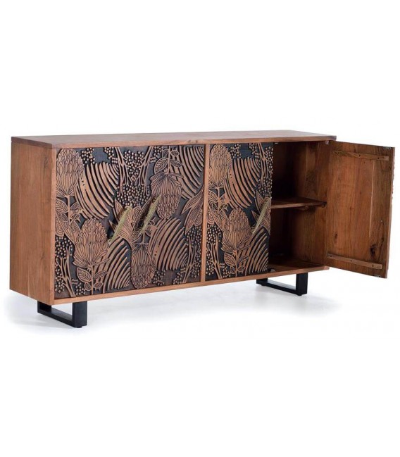 APARADOR GRANDE 4 PUERTAS  MADERA ACACIA TALLADA NATURAL Y NEGRO