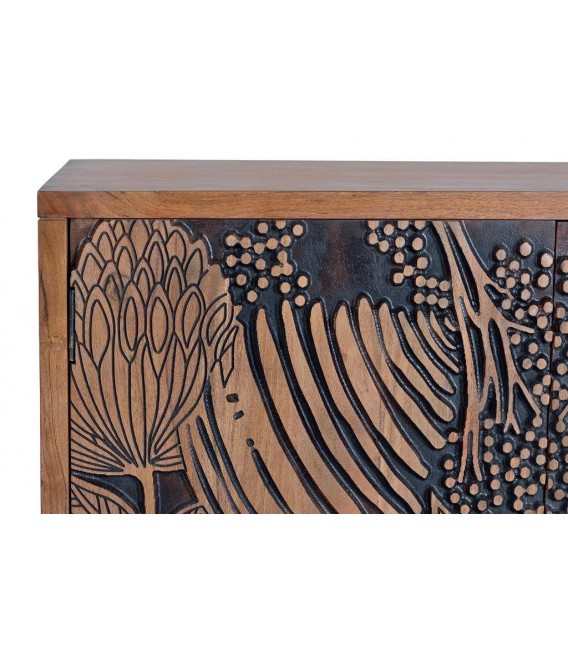 APARADOR GRANDE 4 PUERTAS  MADERA ACACIA TALLADA NATURAL Y NEGRO