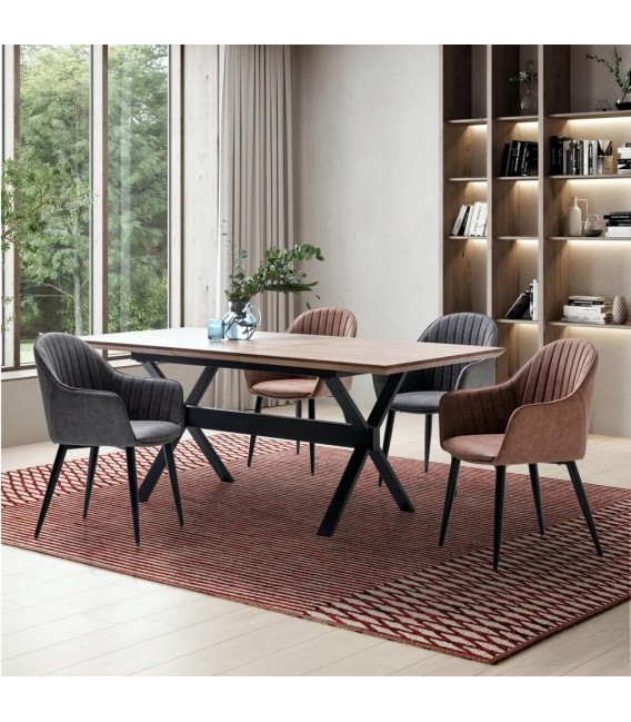 MESA COMEDOR EXTENSIBLE RECTANGULAR MADERA NOGAL NATURAL METAL NEGRO