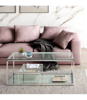 MESA DE CENTRO RECTANGULAR ORIGINAL METAL CROMADO Y CRISTAL