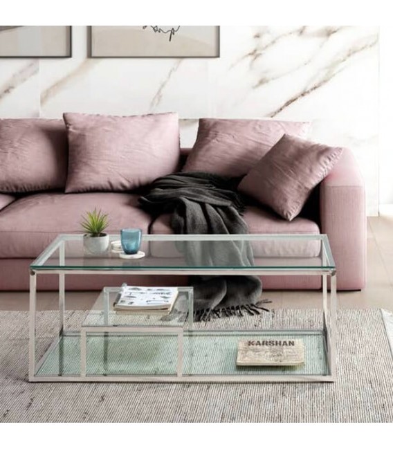 MESA DE CENTRO RECTANGULAR ORIGINAL METAL CROMADO Y CRISTAL