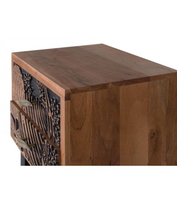 MESITA DE NOCHE 2 CAJONES MADERA ACACIA TALLADA NATURAL Y NEGRO