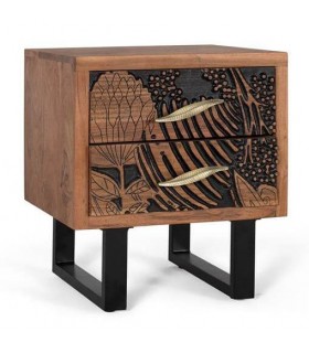 MESITA DE NOCHE 2 CAJONES MADERA ACACIA TALLADA NATURAL Y NEGRO