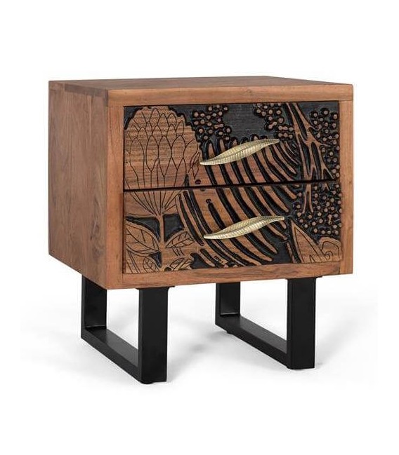 MESITA DE NOCHE 2 CAJONES MADERA ACACIA TALLADA NATURAL Y NEGRO
