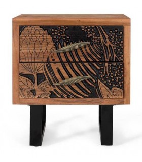 MESITA DE NOCHE 2 CAJONES MADERA ACACIA TALLADA NATURAL Y NEGRO