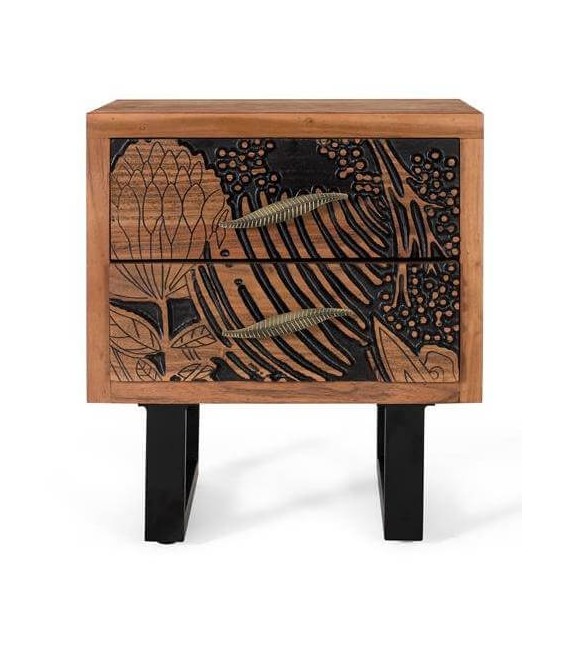 MESITA DE NOCHE 2 CAJONES MADERA ACACIA TALLADA NATURAL Y NEGRO