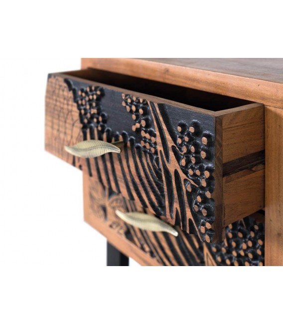 MESITA DE NOCHE 2 CAJONES MADERA ACACIA TALLADA NATURAL Y NEGRO