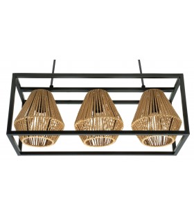 LAMPARA DE TECHO TIMTIM 3 LUCES METAL NEGRO RATAN NATURAL