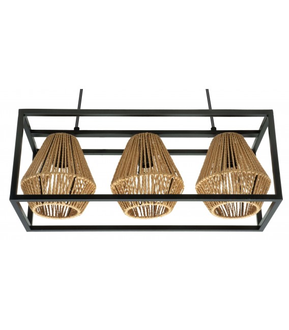 LAMPARA DE TECHO TIMTIM 3 LUCES METAL NEGRO RATAN NATURAL