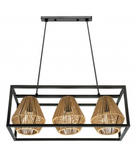 LAMPARA DE TECHO TIMTIM 3 LUCES METAL NEGRO RATAN NATURAL