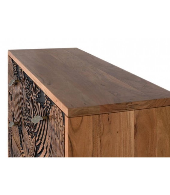 COMODA 3 CAJONES MADERA ACACIA TALLADA NATURAL Y NEGRO