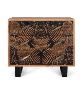 COMODA 3 CAJONES MADERA ACACIA TALLADA NATURAL Y NEGRO