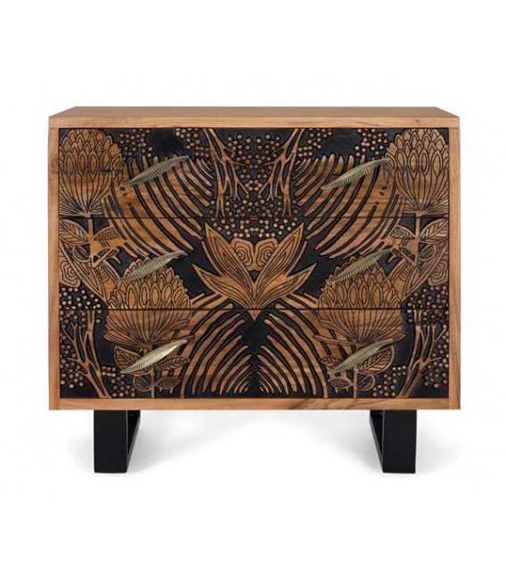 COMODA 3 CAJONES MADERA ACACIA TALLADA NATURAL Y NEGRO