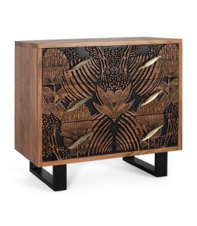 COMODA 3 CAJONES MADERA ACACIA TALLADA NATURAL Y NEGRO