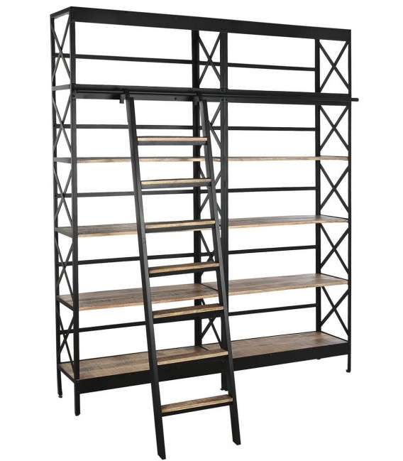 ESTANTERIA CON ESCALERA  MADERA DE MANGO METAL NEGRO