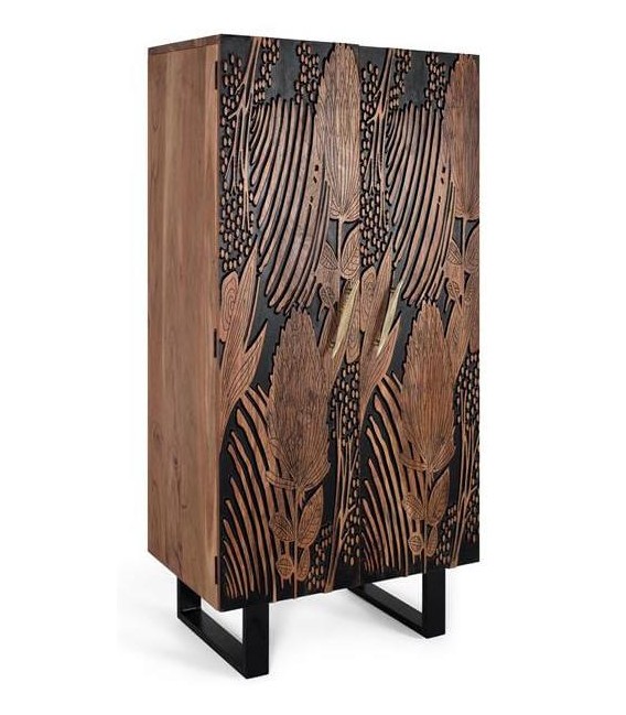 ARMARIO ROPERO MADERA ACACIA TALLADA NATURAL Y NEGRO