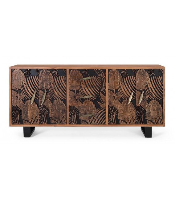 APARADOR 2 PUERTAS 3 CAJONES MADERA ACACIA TALLADA NATURAL Y NEGRO