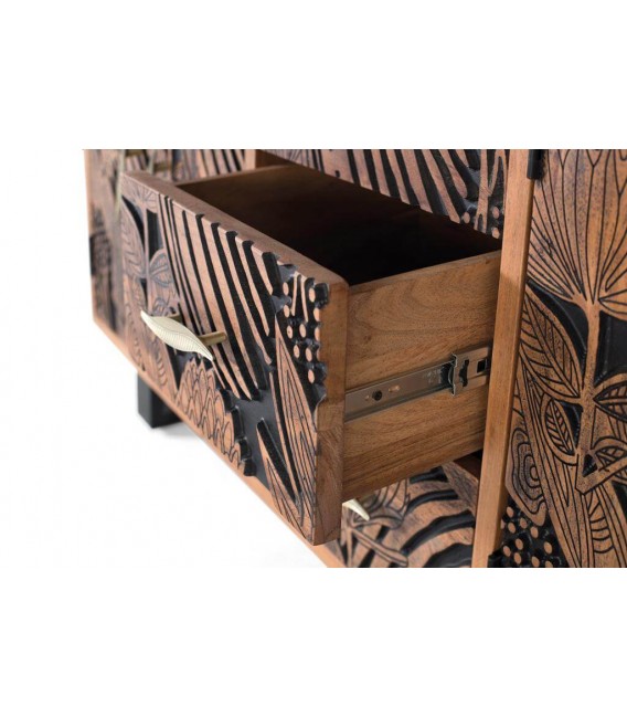 APARADOR 2 PUERTAS 3 CAJONES MADERA ACACIA TALLADA NATURAL Y NEGRO