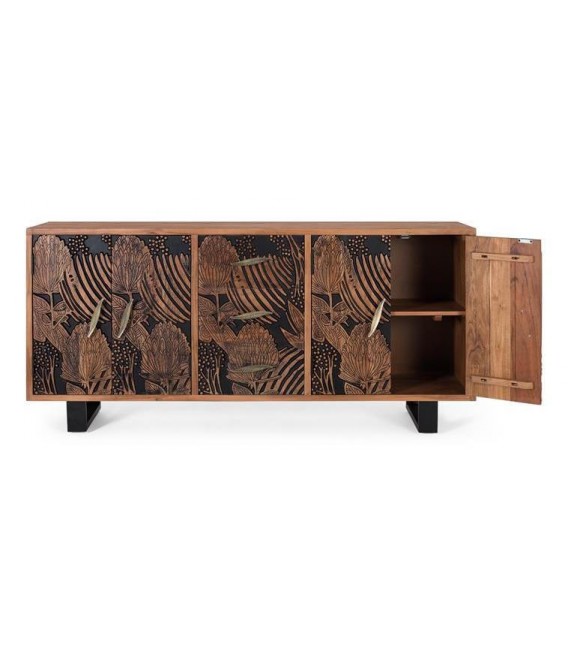 APARADOR 2 PUERTAS 3 CAJONES MADERA ACACIA TALLADA NATURAL Y NEGRO