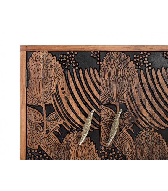 APARADOR 2 PUERTAS 3 CAJONES MADERA ACACIA TALLADA NATURAL Y NEGRO