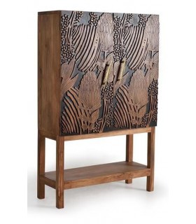 MUEBLE BAR MADERA ACACIA TALLADA NATURAL Y NEGRO