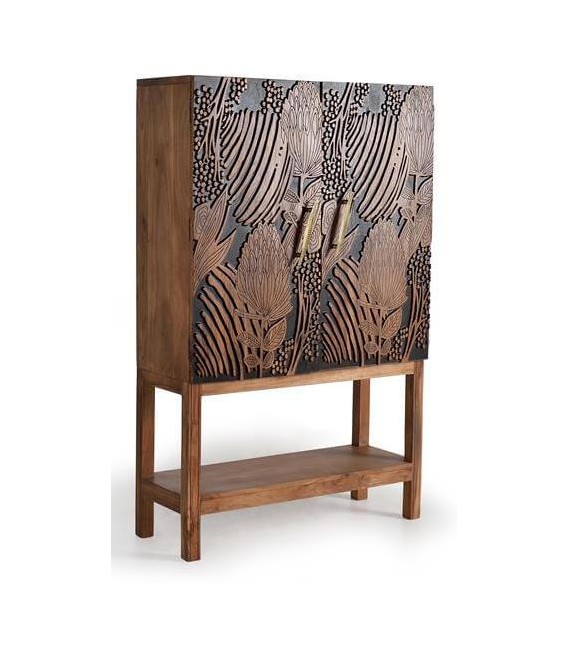 MUEBLE BAR MADERA ACACIA TALLADA NATURAL Y NEGRO